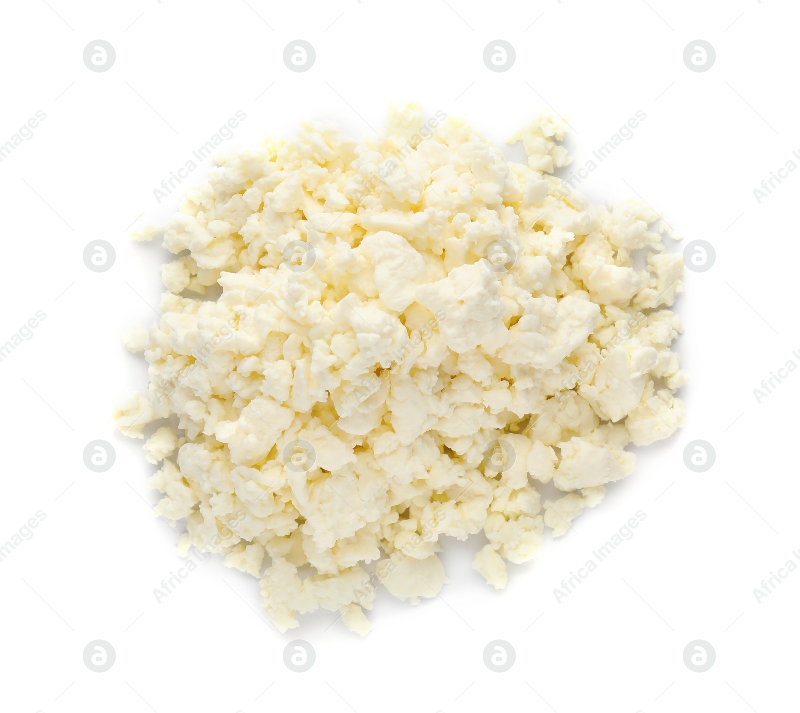 Photo of Pile of delicious fresh cottage cheese on white background, top view