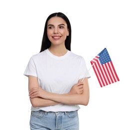 Image of 4th of July - Independence day of America. Happy woman holding national flag of United States on white background