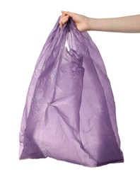 Photo of Woman holding purple plastic bag on white background, closeup