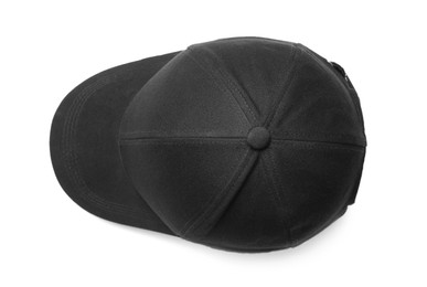 Photo of Stylish black baseball cap on white background, top view