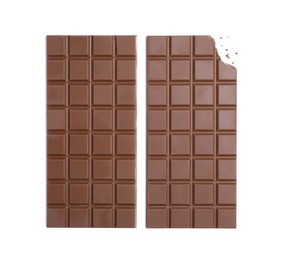 Delicious milk chocolate bars on white background, top view
