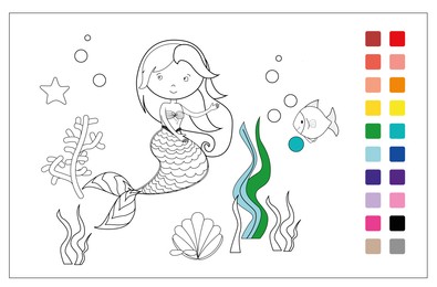 Illustration of Beautiful mermaid and underwater world on white background, illustration. Coloring page