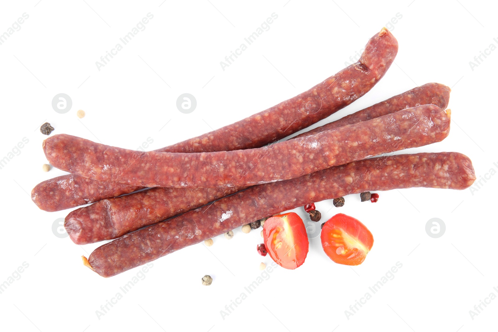 Photo of Tasty sausages on white background. Meat product