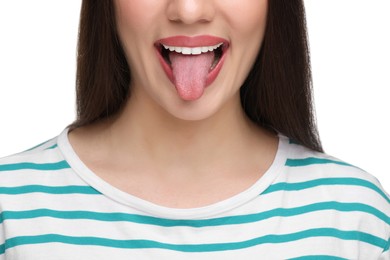 Photo of Woman showing her tongue on white background, closeup