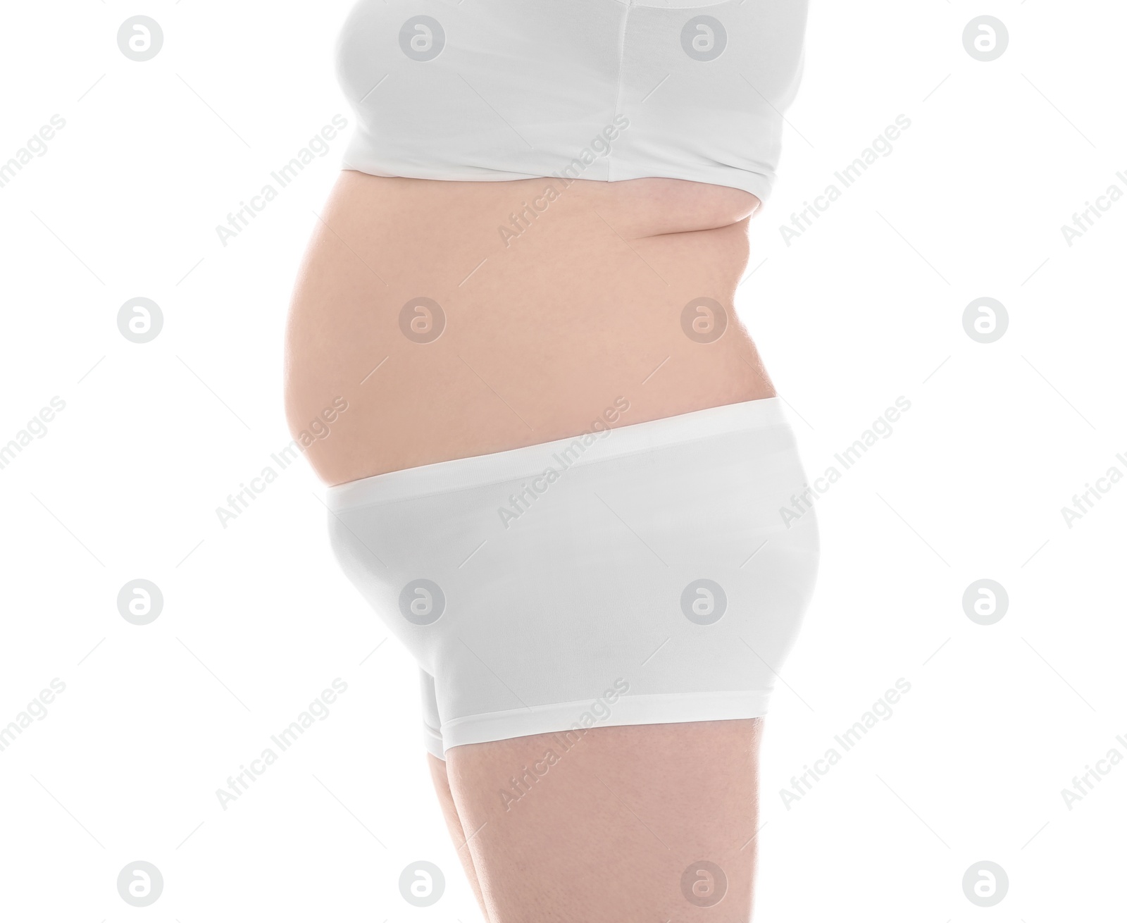 Photo of Overweight woman on white background, closeup. Weight loss