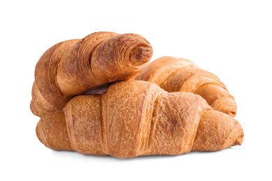 Photo of Tasty fresh crispy croissants isolated on white