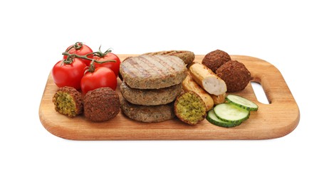 Photo of Serving board with different delicious vegan meat products and fresh vegetables isolated on white