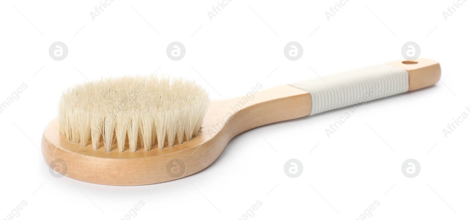 Photo of Bath brush made of bamboo on white background