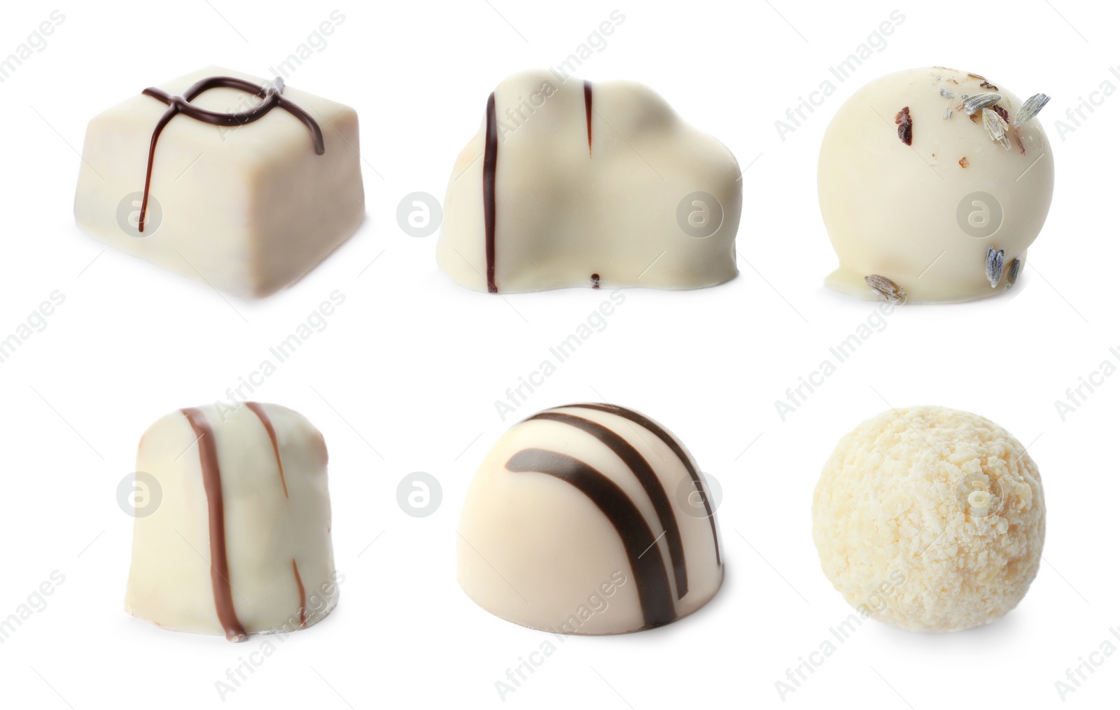 Image of Set with different chocolate candies on white background