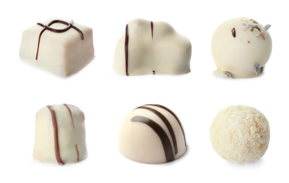 Set with different chocolate candies on white background