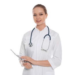 Photo of Portrait of medical doctor with stethoscope and tablet isolated on white