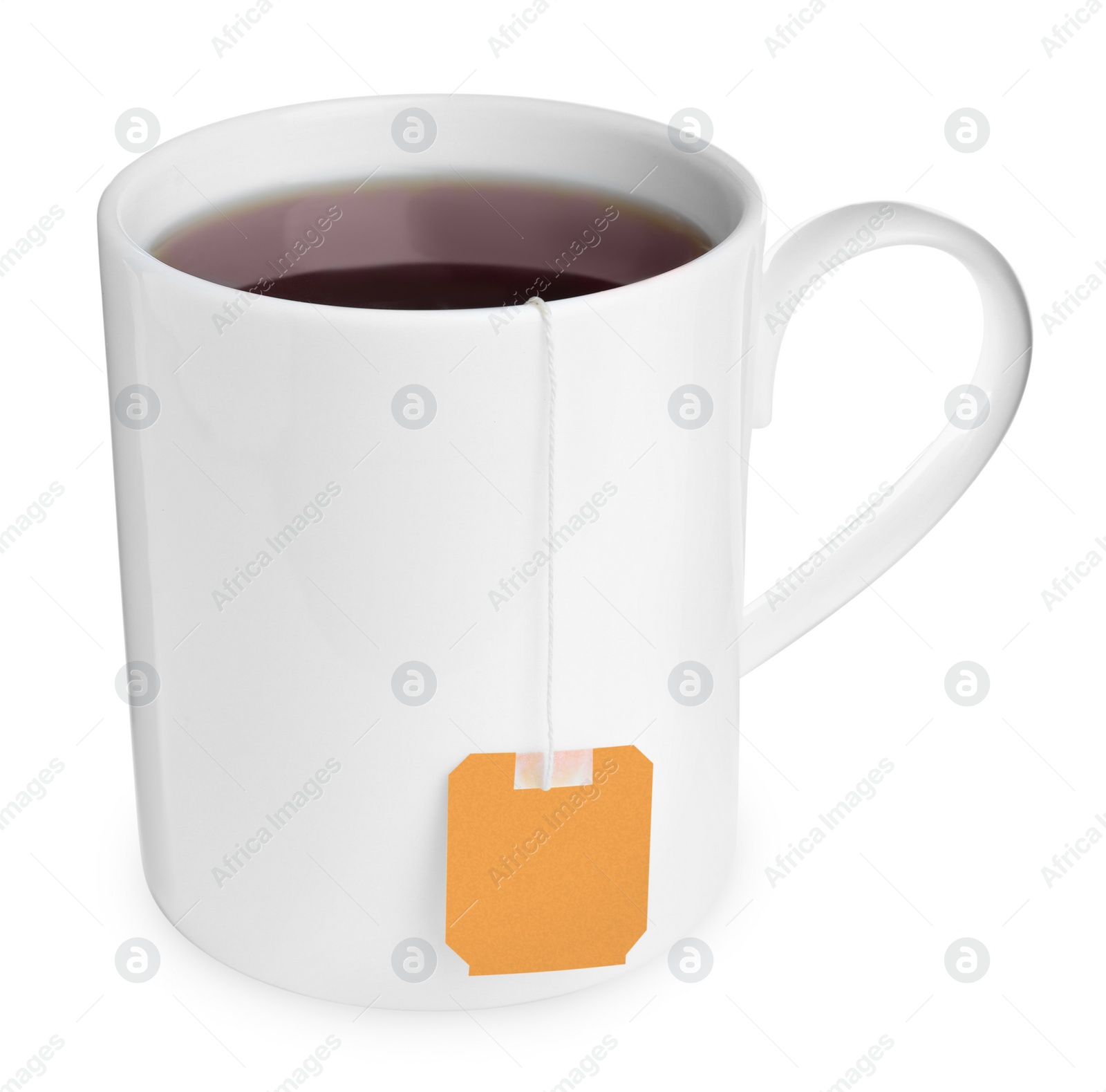 Photo of Ceramic cup with teabag isolated on white