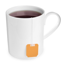 Ceramic cup with teabag isolated on white