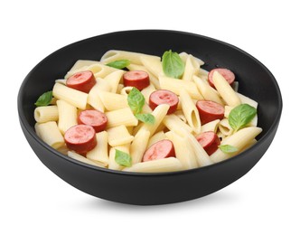 Tasty pasta with smoked sausage and basil in bowl isolated on white