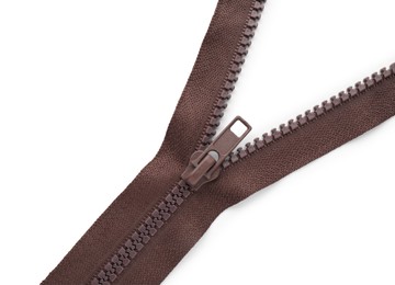 Photo of Brown zipper on white background, top view