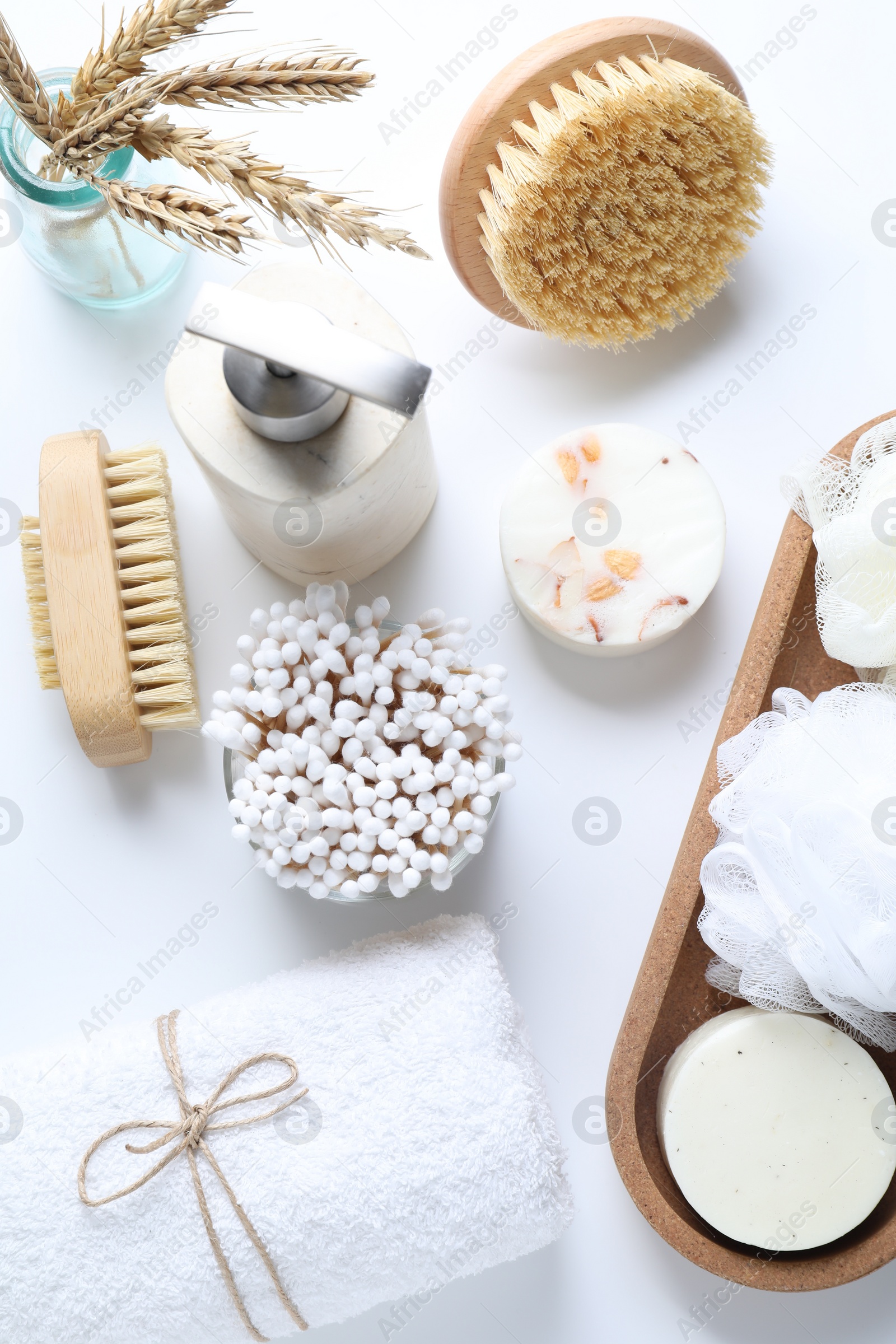 Photo of Bath accessories. Flat lay composition with personal care products on white background