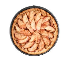 Photo of Delicious apple pie in baking dish isolated on white, top view