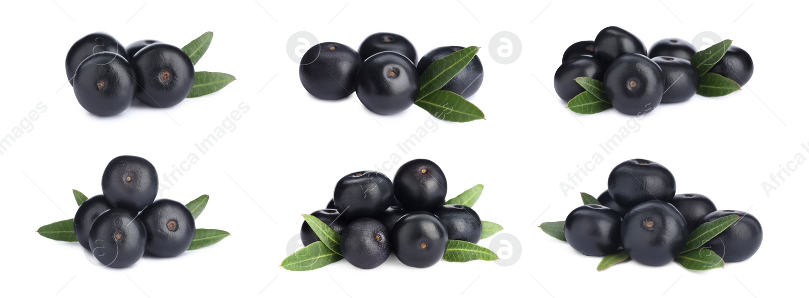 Image of Set with acai berries on white background. Banner design