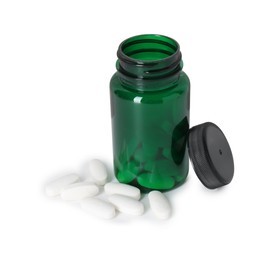 Photo of Bottle and pile of vitamin pills isolated on white