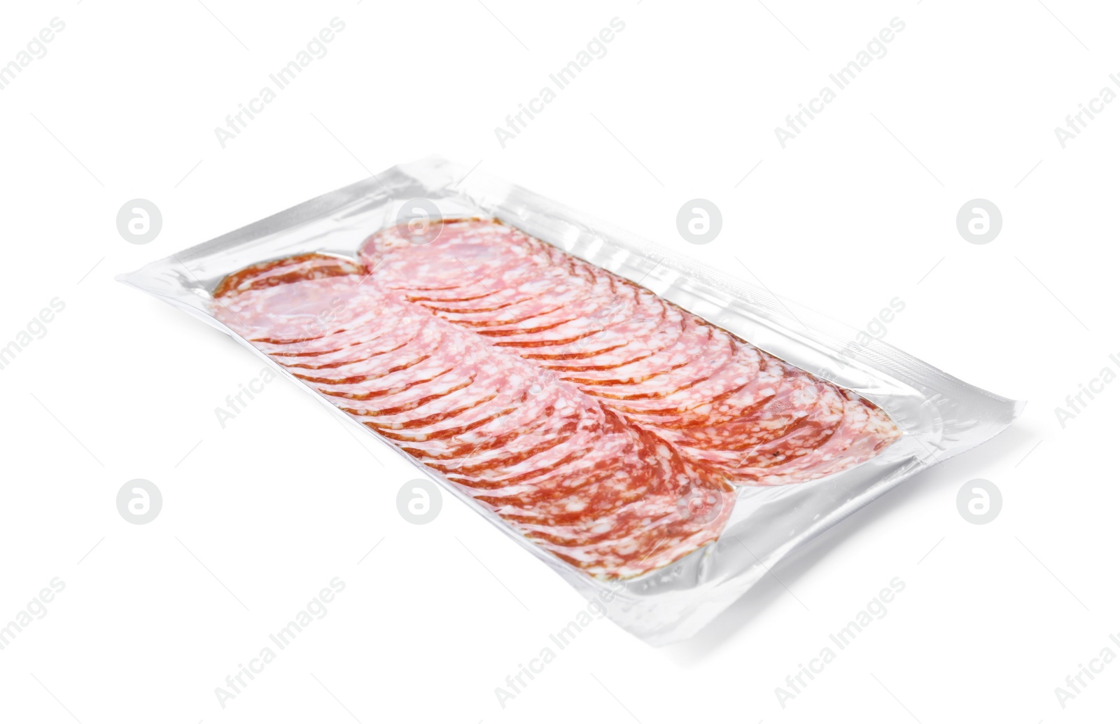 Photo of Slices of tasty sausage on white background