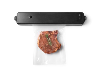 Photo of Sealer for vacuum packing and plastic bag with tasty meat isolated on white, top view
