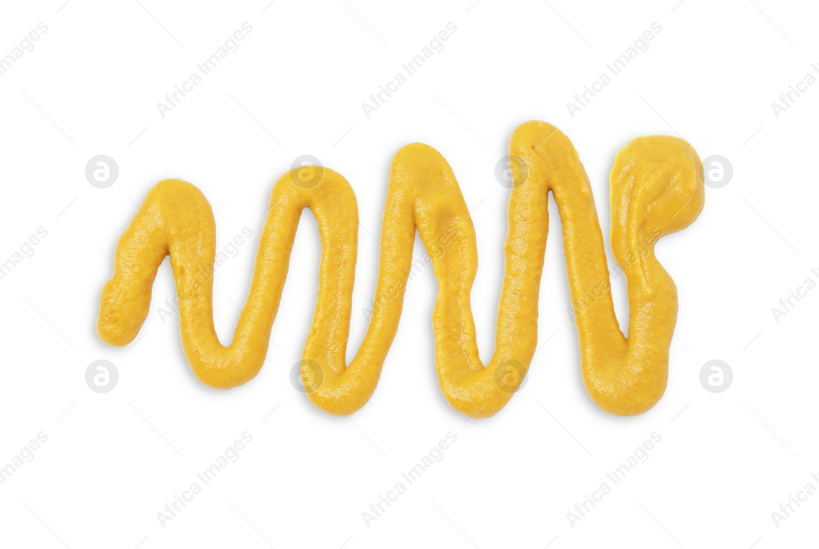 Photo of Sample of tasty mustard sauce isolated on white, top view