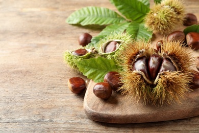 Fresh sweet edible chestnuts on wooden table. Space for text