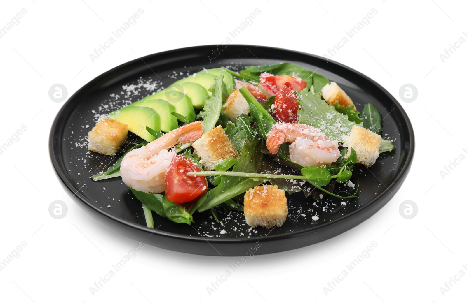 Photo of Delicious salad with croutons, avocado and shrimp isolated on white