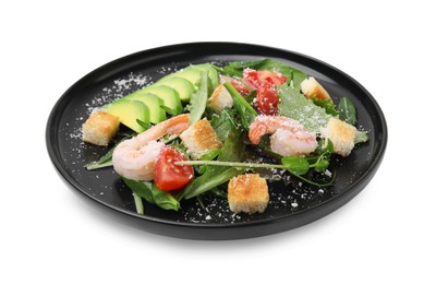 Photo of Delicious salad with croutons, avocado and shrimp isolated on white