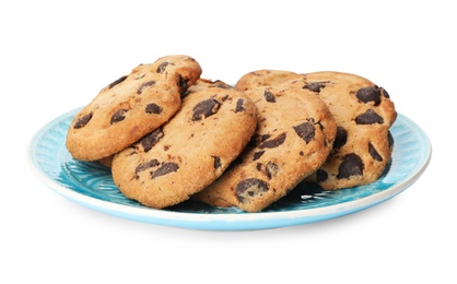 Plate with chocolate chip cookies on white background