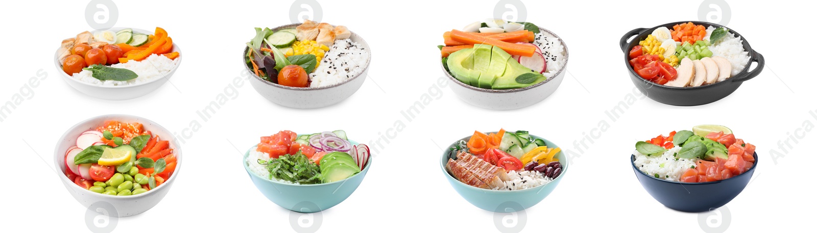 Image of Collage of different poke bowls isolated on white