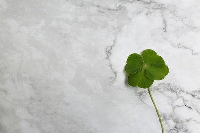Photo of Beautiful green four leaf clover on white marble table, top view. Space for text