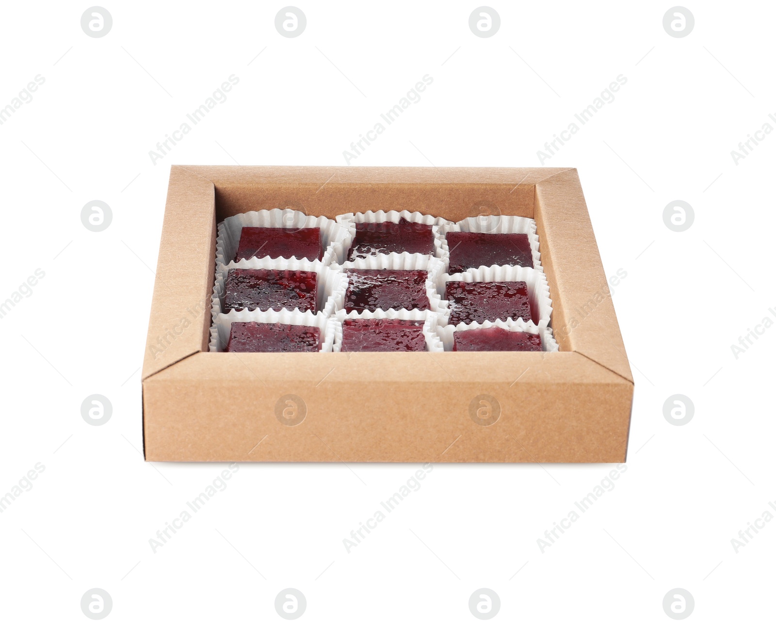 Photo of Box of delicious sweets isolated on white