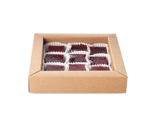 Box of delicious sweets isolated on white