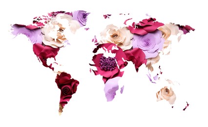 Image of World map made of beautiful flowers on white background, banner design