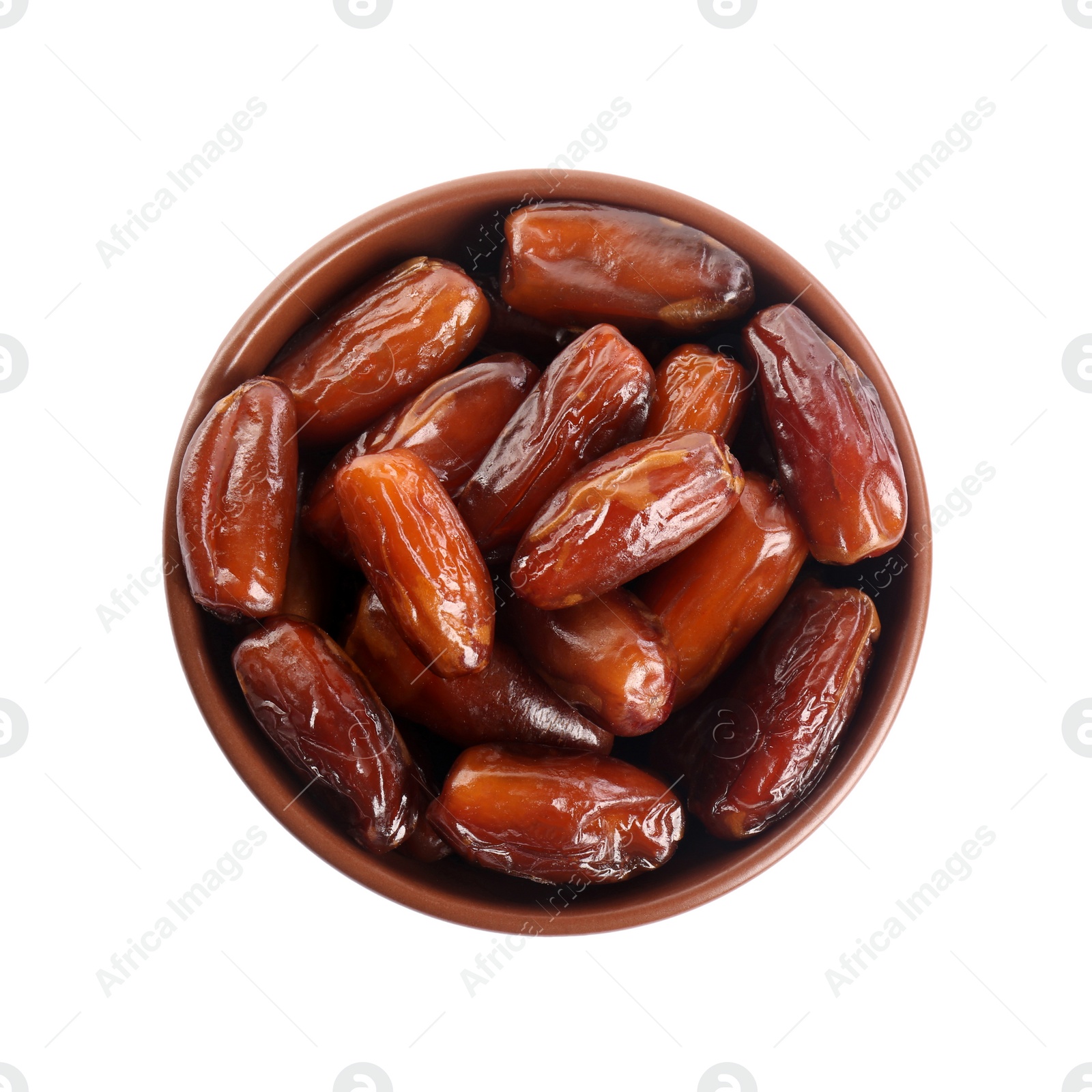 Photo of Sweet dried dates in bowl on white background, top view