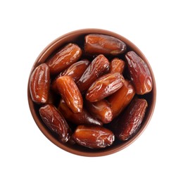 Sweet dried dates in bowl on white background, top view