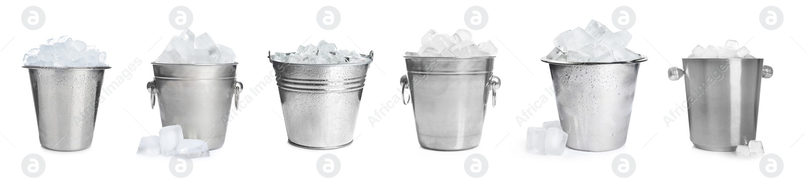 Image of Set of different metal buckets with ice cubes on white background, banner design 