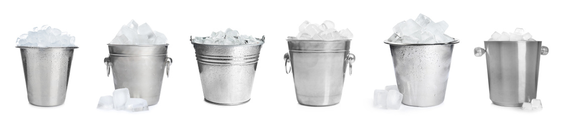 Image of Set of different metal buckets with ice cubes on white background, banner design 