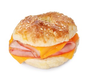 Photo of Delicious bagel with ham and cheese isolated on white