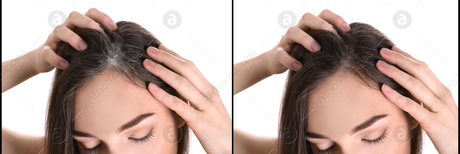 Image of Collage of woman with grey hair before and after coloring on white background. Banner design