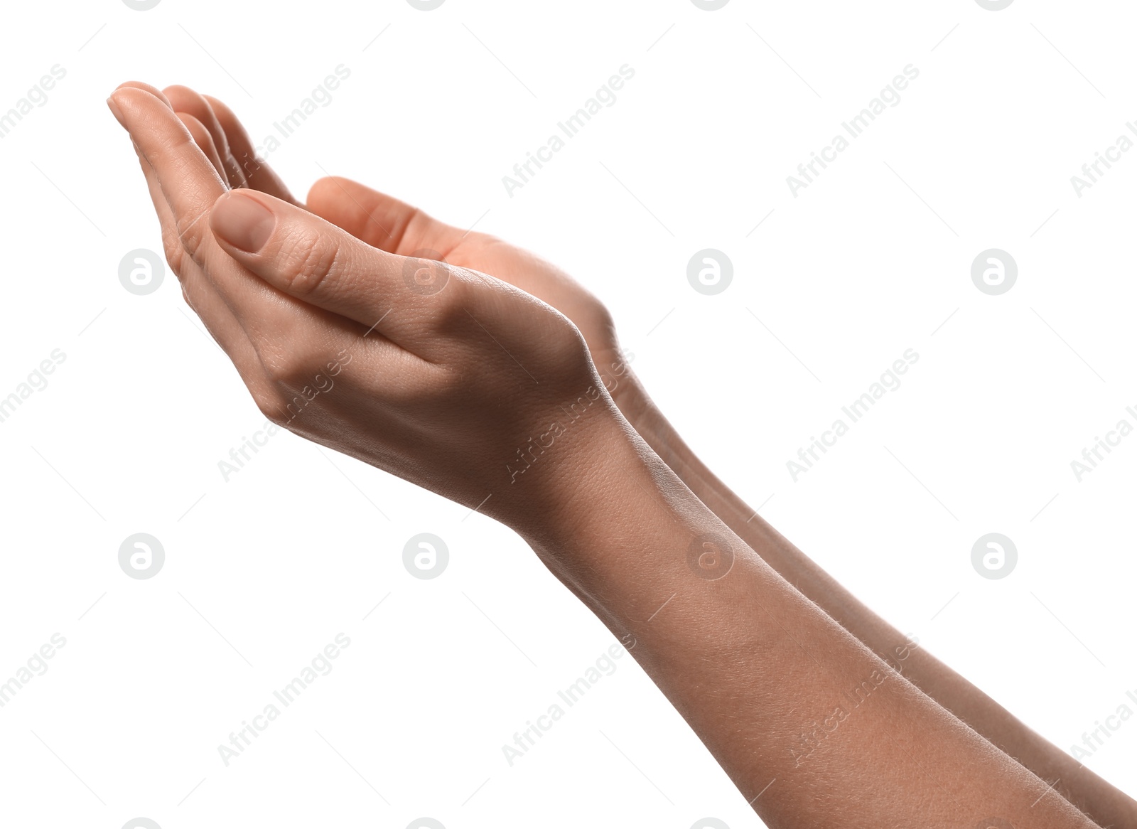 Photo of Religion. Woman with open palms praying on white background, closeup