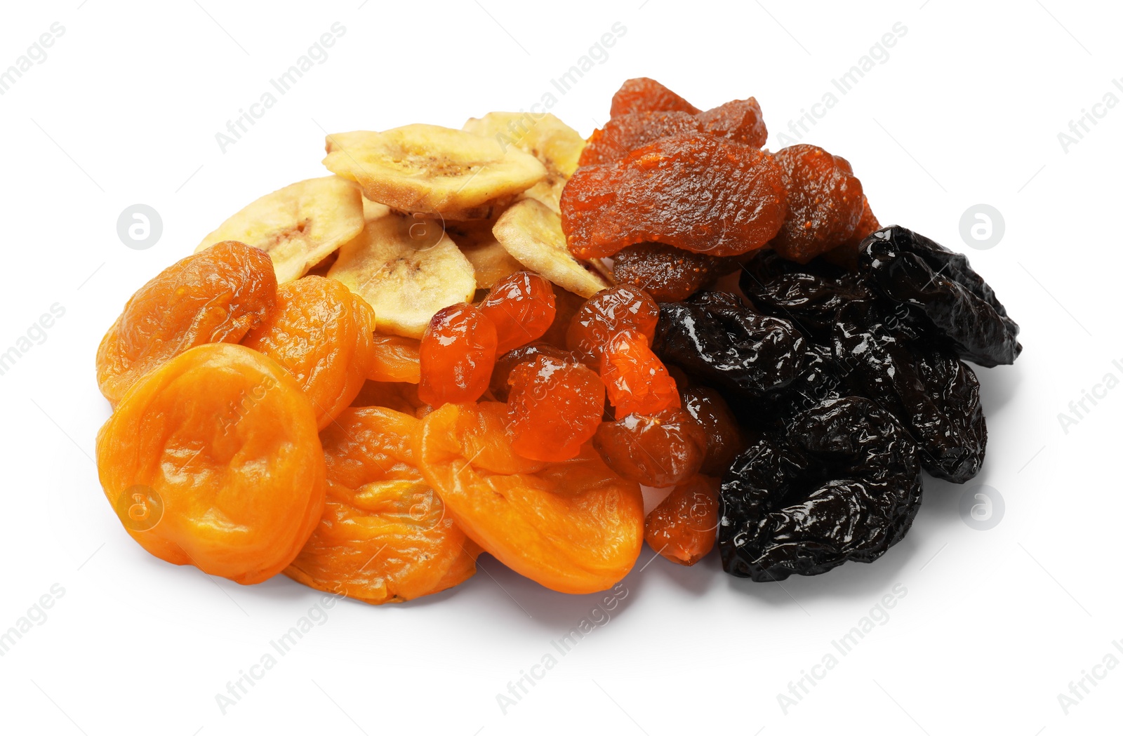 Photo of Mix of delicious dried fruits isolated on white