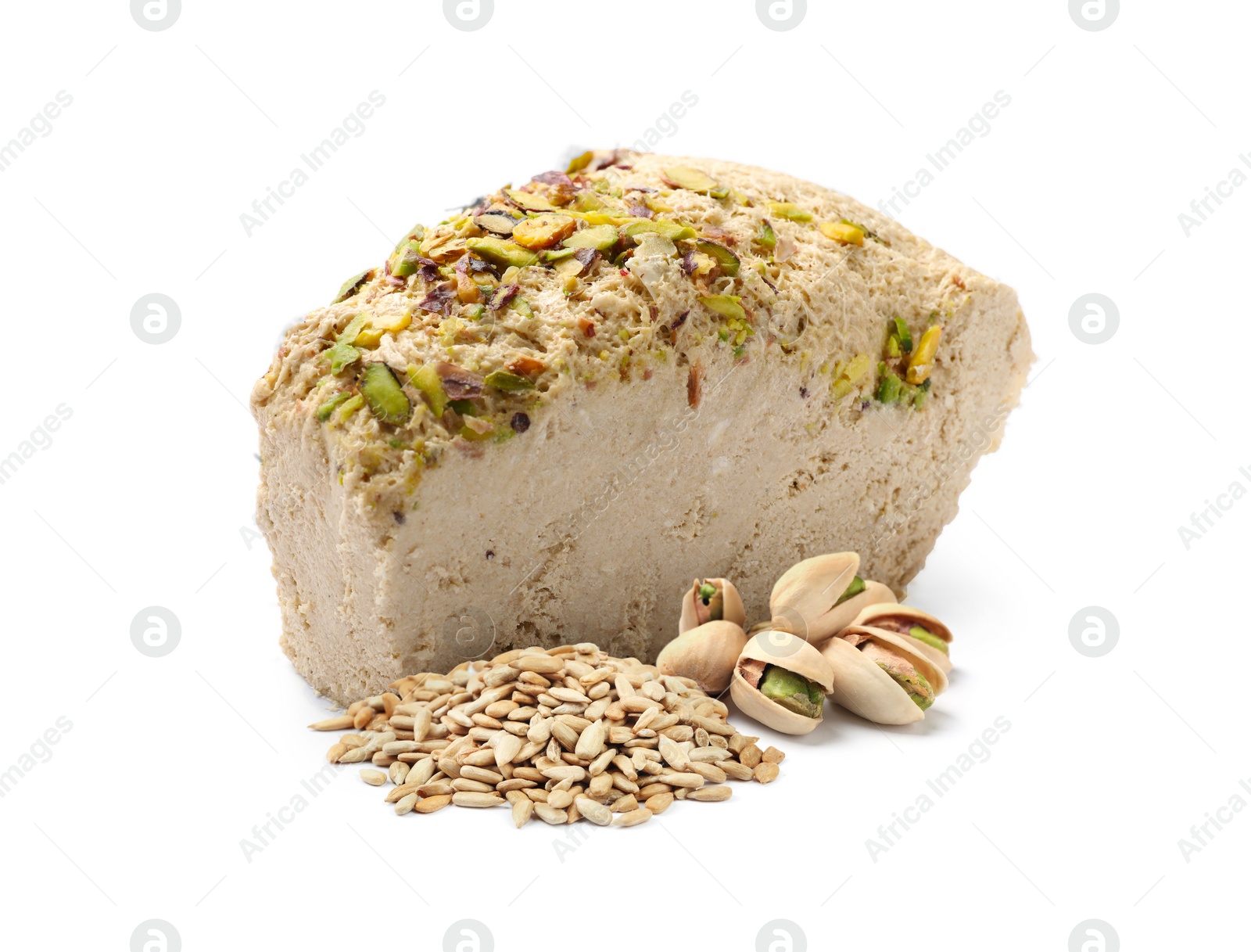 Image of Tasty halva, pistachio nuts and peeled sunflower seeds isolated on white