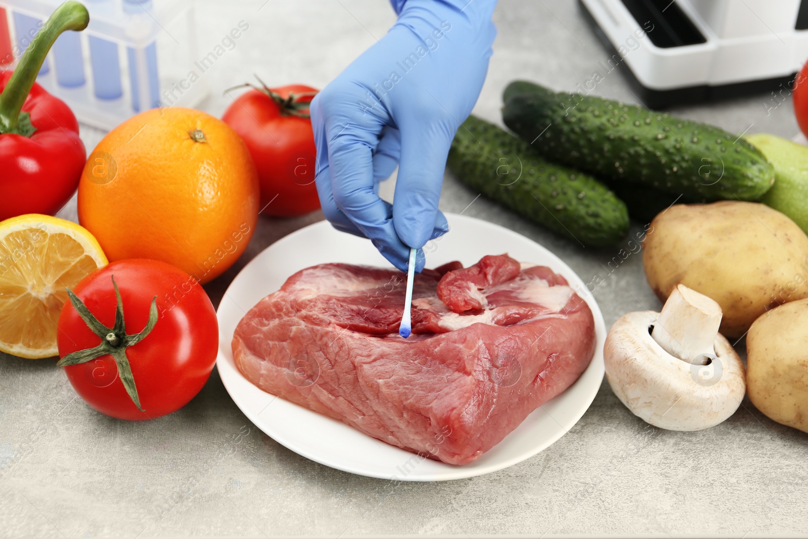 Photo of Scientist checking meat at table in laboratory, closeup. Quality control