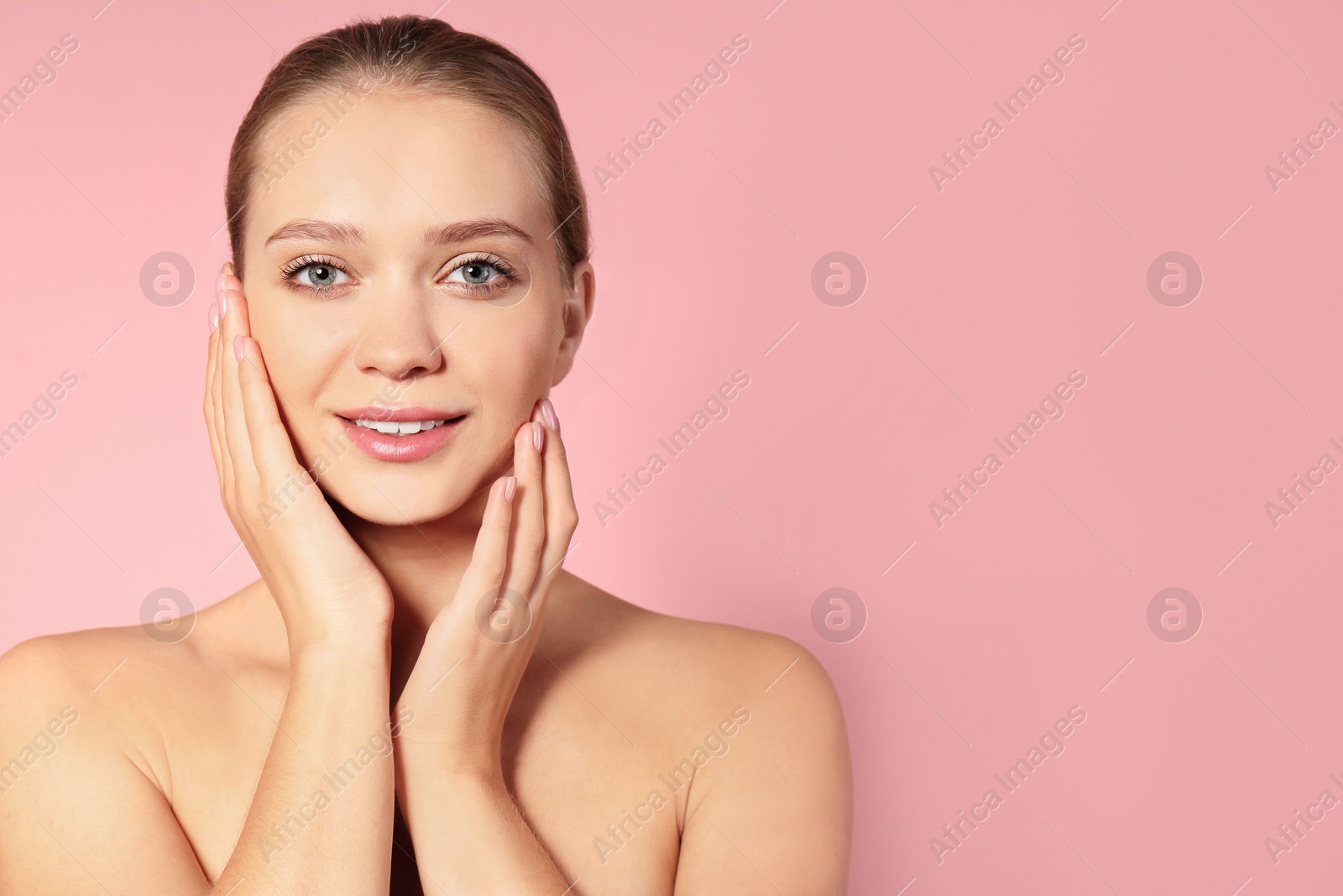 Photo of Portrait of beautiful young woman and space for text on color background. Cosmetic surgery concept