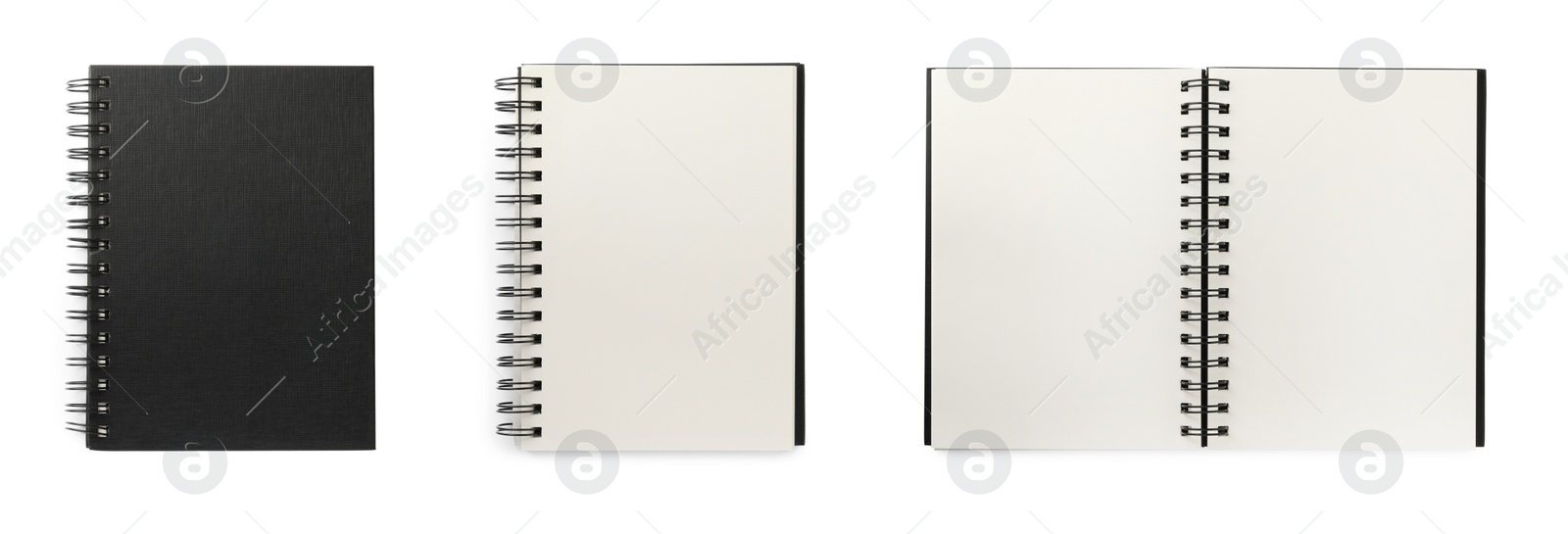 Image of Set with black notebooks on white background, top view. Banner design