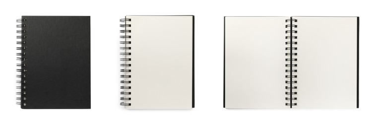 Image of Set with black notebooks on white background, top view. Banner design