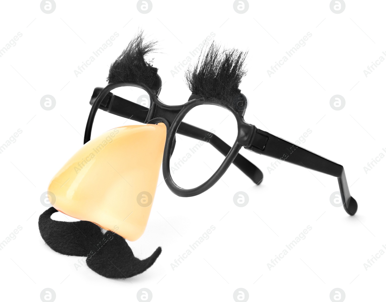 Photo of Funny glasses isolated on white. Clown's accessory