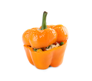 Photo of Tasty stuffed bell pepper isolated on white